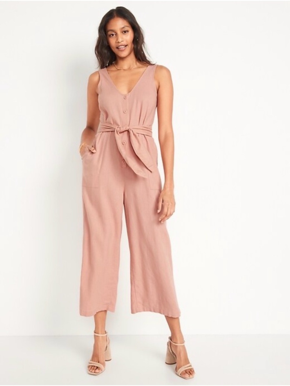 Old Navy Sleeveless V-Neck Tie-Waist Jumpsuit in Dusty Pink